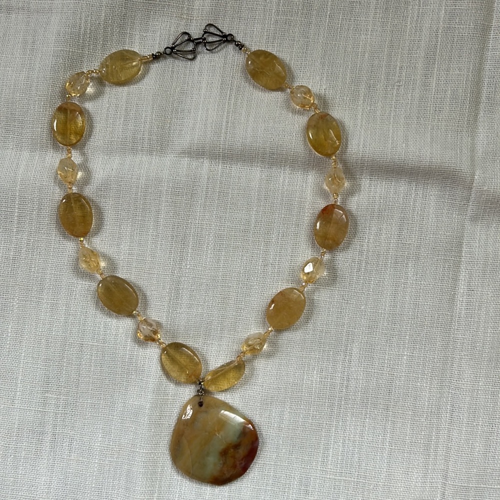Citrine and quartz handmade statement necklace with silver clasp